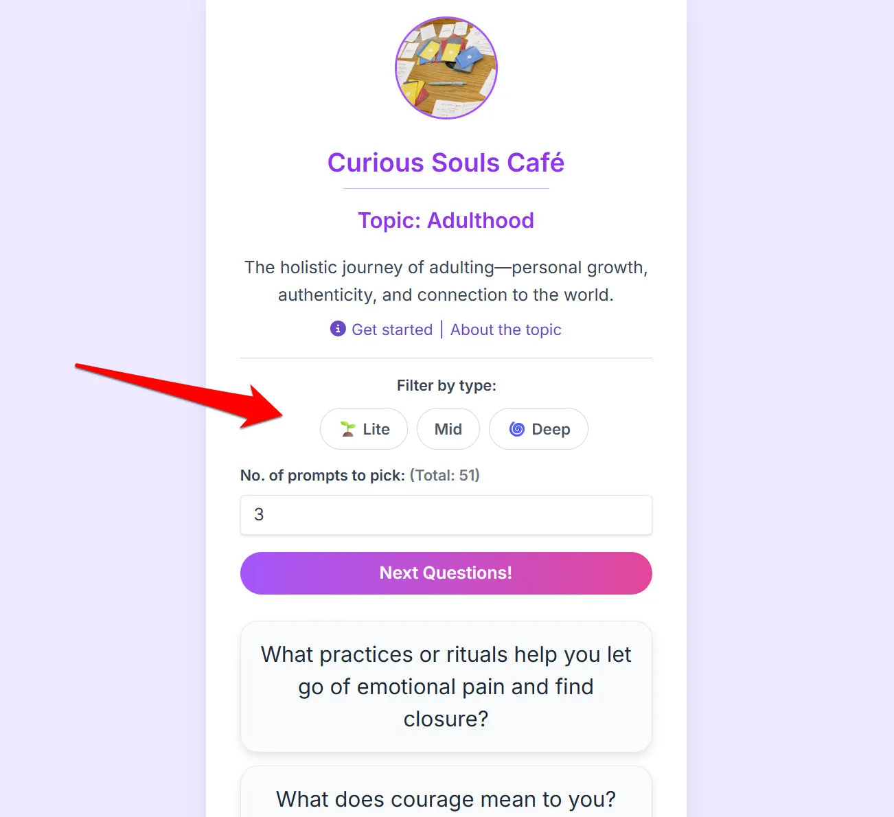 A screenshot of the Curious Souls Café web app showing filters for 'light', 'middle', and 'deep' questions.