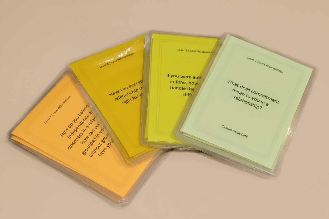 Examples of question cards for 'Love Relationships' sorted into three difficulty levels.