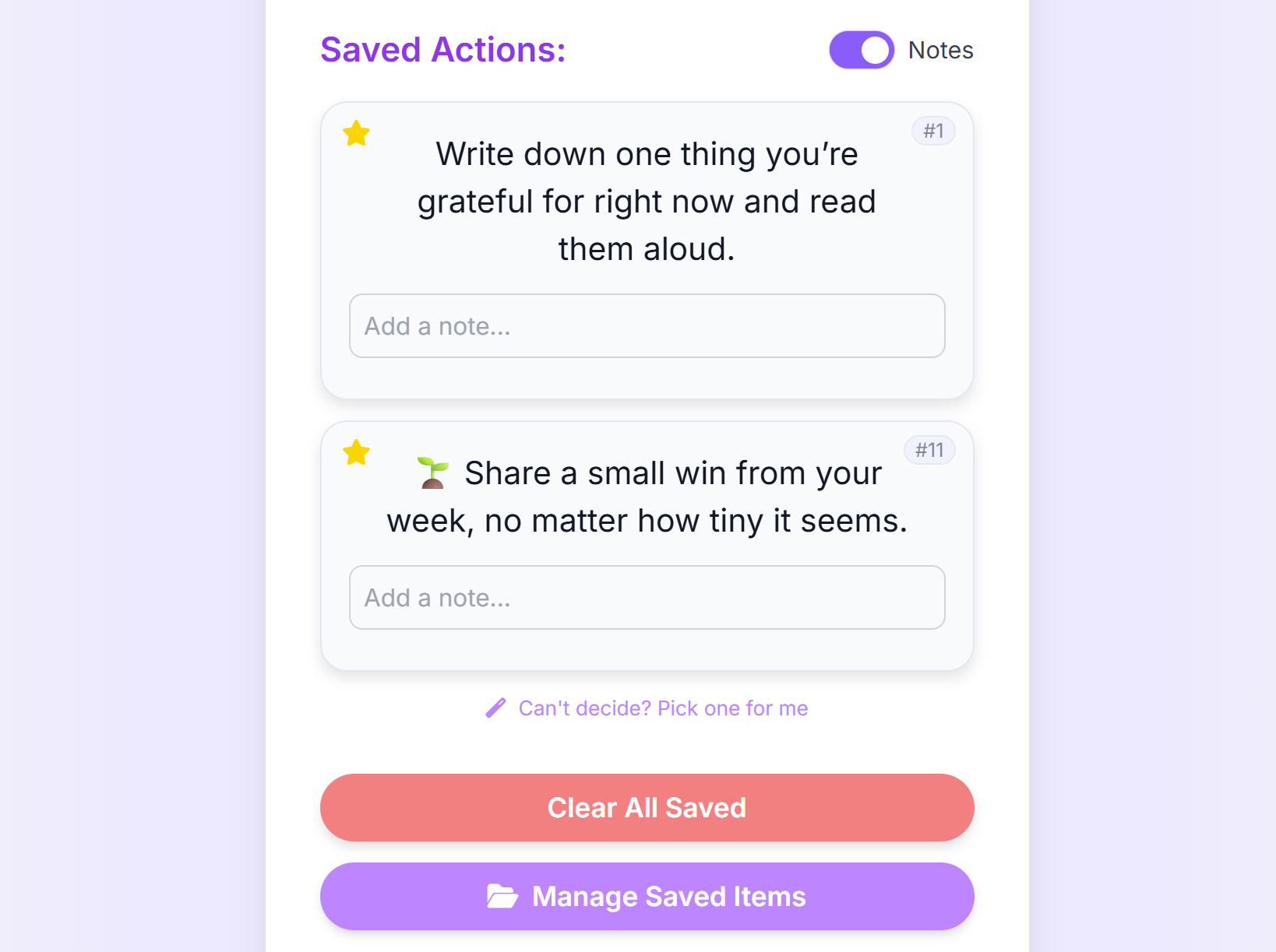 Saved Actions and Notes