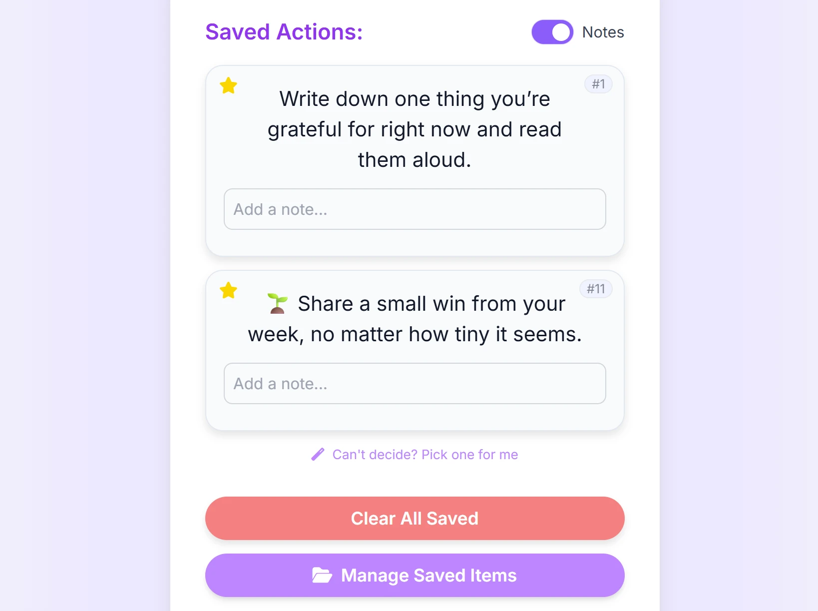 Saved Actions and Notes