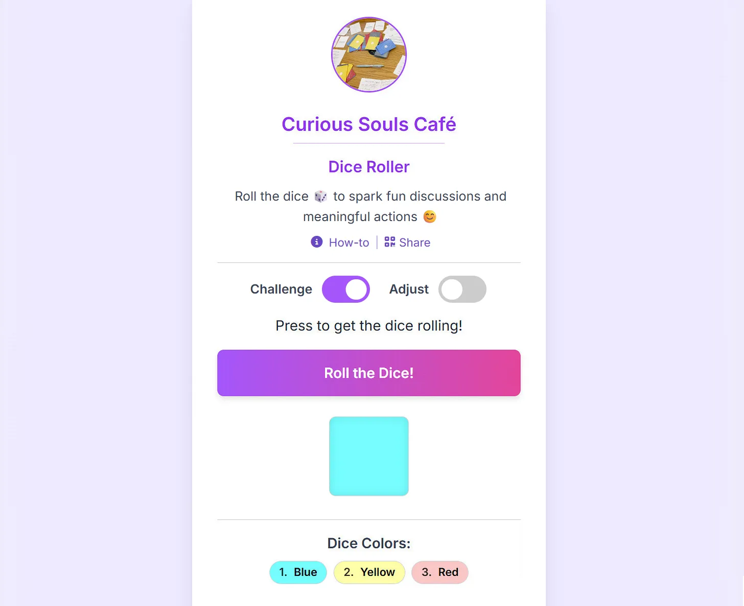 The main interface of the virtual dice roller with the 'Challenge' toggle.